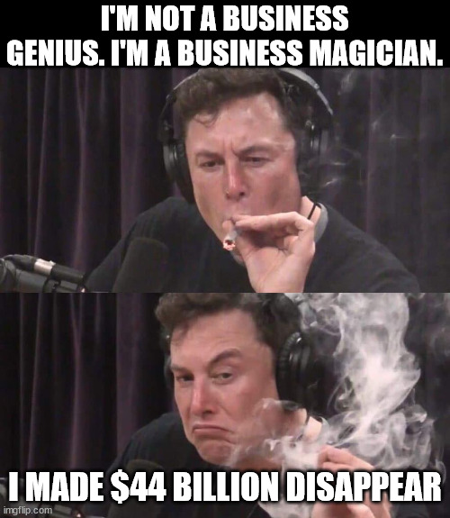 Elon Musk Weed | I'M NOT A BUSINESS GENIUS. I'M A BUSINESS MAGICIAN. I MADE $44 BILLION DISAPPEAR | image tagged in elon musk weed | made w/ Imgflip meme maker