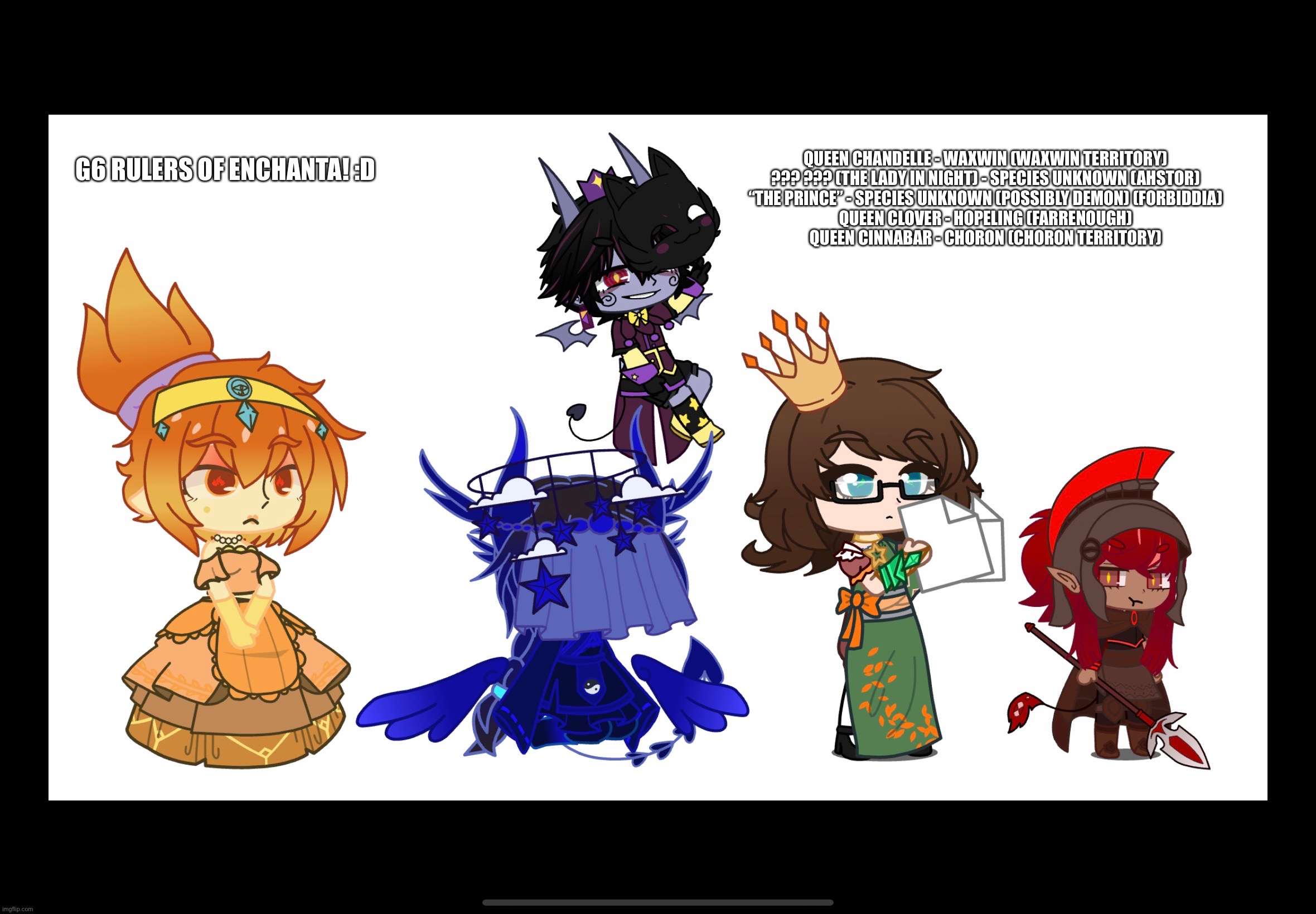 Feel Free to ask them questions and stuff lol | QUEEN CHANDELLE - WAXWIN (WAXWIN TERRITORY)
??? ??? (THE LADY IN NIGHT) - SPECIES UNKNOWN (AHSTOR)
“THE PRINCE” - SPECIES UNKNOWN (POSSIBLY DEMON) (FORBIDDIA)
QUEEN CLOVER - HOPELING (FARRENOUGH)
QUEEN CINNABAR - CHORON (CHORON TERRITORY); G6 RULERS OF ENCHANTA! :D | made w/ Imgflip meme maker