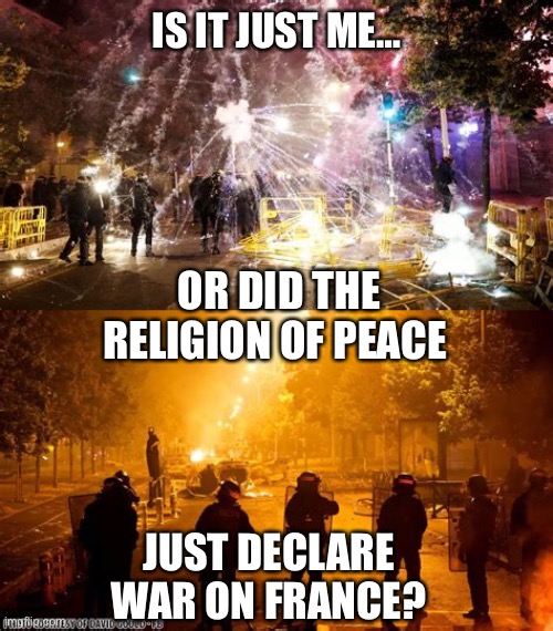 Is this war in France? | IS IT JUST ME…; OR DID THE RELIGION OF PEACE; JUST DECLARE WAR ON FRANCE? | image tagged in france,riots,religion of peace | made w/ Imgflip meme maker