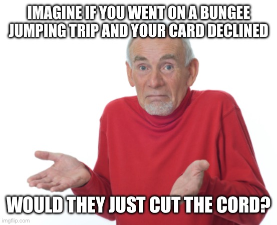 Bungee jumping | IMAGINE IF YOU WENT ON A BUNGEE JUMPING TRIP AND YOUR CARD DECLINED; WOULD THEY JUST CUT THE CORD? | image tagged in guess i'll die | made w/ Imgflip meme maker