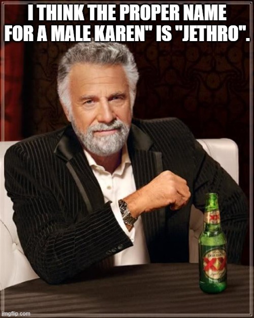 The Most Interesting Man In The World Meme | I THINK THE PROPER NAME FOR A MALE KAREN" IS "JETHRO". | image tagged in memes,the most interesting man in the world | made w/ Imgflip meme maker