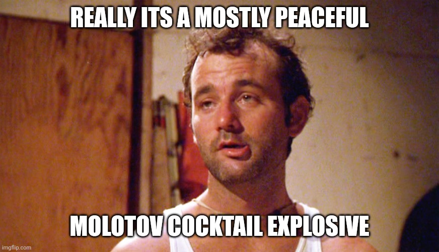 Carl | REALLY ITS A MOSTLY PEACEFUL; MOLOTOV COCKTAIL EXPLOSIVE | image tagged in caddyshack-carl | made w/ Imgflip meme maker