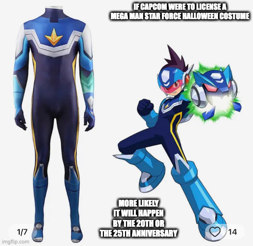 Unlicensed Star Force Mega Man Costume | IF CAPCOM WERE TO LICENSE A MEGA MAN STAR FORCE HALLOWEEN COSTUME; MORE LIKELY IT WILL HAPPEN BY THE 20TH OR THE 25TH ANNIVERSARY | image tagged in megaman,megaman star force,memes,costume | made w/ Imgflip meme maker
