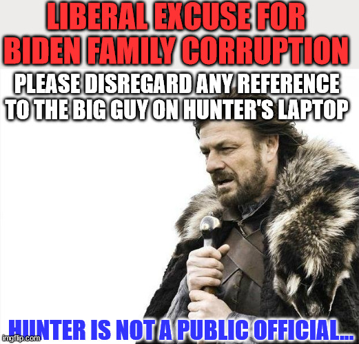 Libs really believe this is a valid excuse for the Biden family corruption... | LIBERAL EXCUSE FOR BIDEN FAMILY CORRUPTION; PLEASE DISREGARD ANY REFERENCE TO THE BIG GUY ON HUNTER'S LAPTOP; HUNTER IS NOT A PUBLIC OFFICIAL... | image tagged in memes,brace yourselves x is coming,biden,crime,family | made w/ Imgflip meme maker