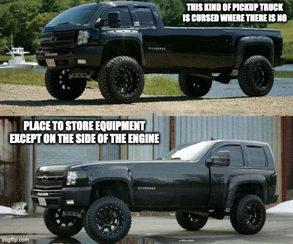 Double-Ended Elongated Pickup Truck | THIS KIND OF PICKUP TRUCK IS CURSED WHERE THERE IS NO; PLACE TO STORE EQUIPMENT EXCEPT ON THE SIDE OF THE ENGINE | image tagged in cars,memes | made w/ Imgflip meme maker