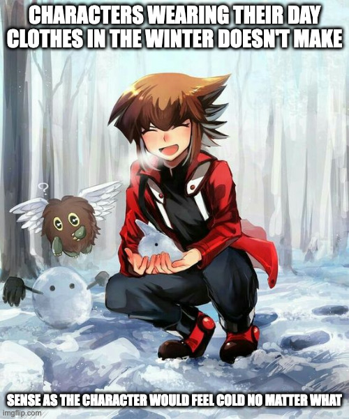 Jaden With Day Clothes In the Winter | CHARACTERS WEARING THEIR DAY CLOTHES IN THE WINTER DOESN'T MAKE; SENSE AS THE CHARACTER WOULD FEEL COLD NO MATTER WHAT | image tagged in jaden yuki,yu gi oh,memes | made w/ Imgflip meme maker