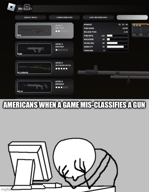 The BAR is an LMG not a rifle | AMERICANS WHEN A GAME MIS-CLASSIFIES A GUN | image tagged in memes,computer guy facepalm,guns,roblox | made w/ Imgflip meme maker