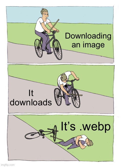 Downloading an image It downloads It’s .webp | image tagged in memes,bike fall | made w/ Imgflip meme maker