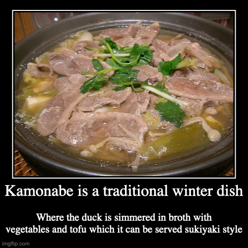 Kamonabe | Kamonabe is a traditional winter dish | Where the duck is simmered in broth with vegetables and tofu which it can be served sukiyaki style | image tagged in demotivationals,duck,food | made w/ Imgflip demotivational maker