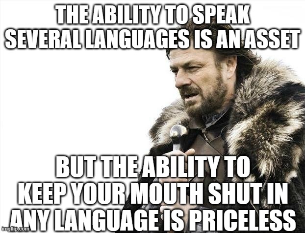 Brace Yourselves X is Coming Meme | THE ABILITY TO SPEAK SEVERAL LANGUAGES IS AN ASSET; BUT THE ABILITY TO KEEP YOUR MOUTH SHUT IN ANY LANGUAGE IS PRICELESS | image tagged in memes,brace yourselves x is coming | made w/ Imgflip meme maker