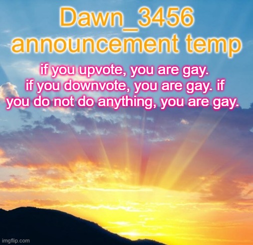Dawn_3456 announcement | if you upvote, you are gay. if you downvote, you are gay. if you do not do anything, you are gay. | image tagged in dawn_3456 announcement | made w/ Imgflip meme maker
