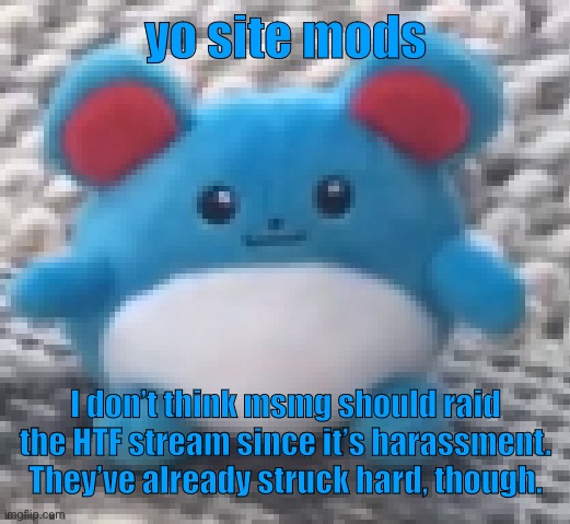 Marill 6 | yo site mods; I don’t think msmg should raid the HTF stream since it’s harassment. They’ve already struck hard, though. | image tagged in marill 6 | made w/ Imgflip meme maker