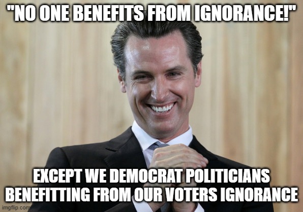 Scheming Gavin Newsom  | "NO ONE BENEFITS FROM IGNORANCE!"; EXCEPT WE DEMOCRAT POLITICIANS BENEFITTING FROM OUR VOTERS IGNORANCE | image tagged in scheming gavin newsom | made w/ Imgflip meme maker