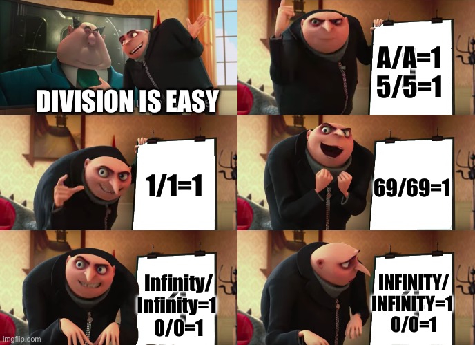 Division is easy, trust me. | A/A=1
5/5=1; DIVISION IS EASY; 1/1=1; 69/69=1; Infinity/
Infinity=1 
0/0=1; INFINITY/
INFINITY=1 
0/0=1 | image tagged in gru explaining a plan meme | made w/ Imgflip meme maker