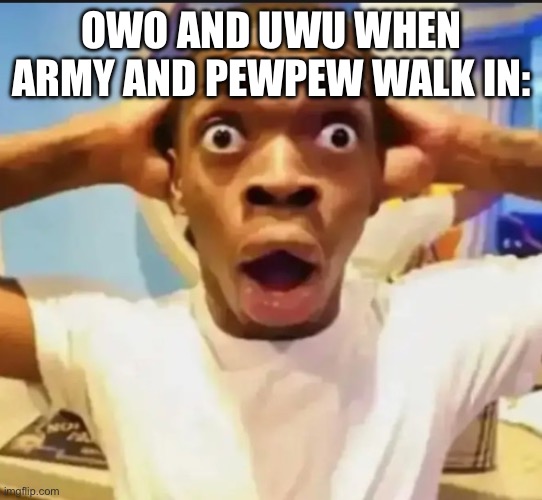 Surprised Black Guy | OWO AND UWU WHEN ARMY AND PEWPEW WALK IN: | image tagged in surprised black guy | made w/ Imgflip meme maker