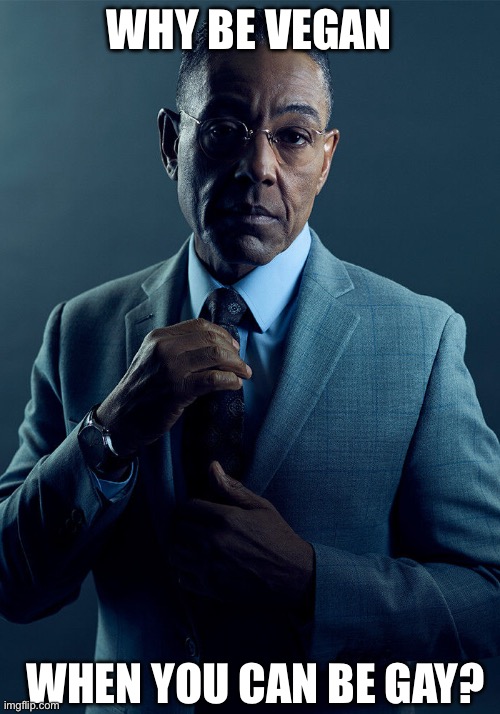 Gus Fring we are not the same | WHY BE VEGAN; WHEN YOU CAN BE GAY? | image tagged in gus fring we are not the same | made w/ Imgflip meme maker