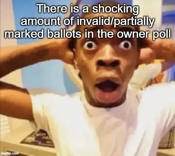in shock | There is a shocking amount of invalid/partially marked ballots in the owner poll | image tagged in in shock | made w/ Imgflip meme maker