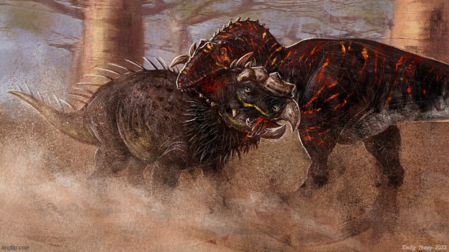Primitive War: Goliath the Carcharodontosaurus vs a Bull Pachyrhinosaurus (Art by EmilyStepp) | made w/ Imgflip meme maker