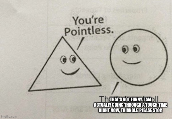 Circle finally snaps | THAT'S NOT FUNNY. I AM ACTUALLY GOING THROUGH A TOUGH TIME RIGHT NOW, TRIANGLE. PLEASE STOP. | image tagged in you're pointless | made w/ Imgflip meme maker