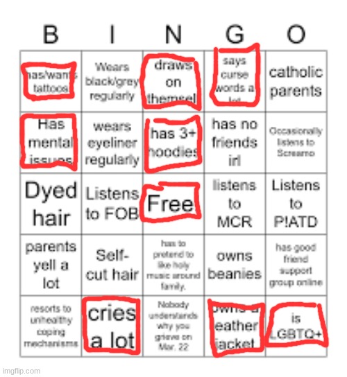 Emo bingo | image tagged in emo bingo | made w/ Imgflip meme maker