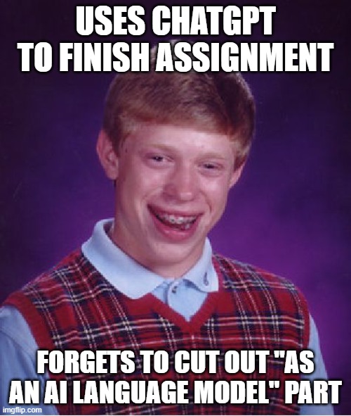 Bad Luck Brian Meme | USES CHATGPT TO FINISH ASSIGNMENT; FORGETS TO CUT OUT "AS AN AI LANGUAGE MODEL" PART | image tagged in memes,bad luck brian | made w/ Imgflip meme maker