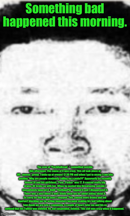 Hot boi | Something bad happened this morning. The user of “PochitaBread_” committed suicide this afternoon. The cause of it was crazy. This all took place at MS_memer_group. I woke up at around 12:30 PM and when I got to msmg I saw him posting “Why are people randomly calling my a pedo??” Apparently he recently turned 18 and his girlfriend, “Peni_Parker” was 17. It caused really big drama. HE broke up with her. When he posted him threatening suicide I immediately ignored it. Until “TheHugePig” flagged it and I disapproved it. There was a post about it and I kinda went too far about joking about it. So sorry for that but at least I stopped. This caused more drama and led ApeFan2 blocking me for acting immature because making his text talking about how dumb we are into a copypasta. A couple of hours later me and his ex noticed that his Twitter was deleted. No, not suspended, deleted. This shit was crazy when it happened. | image tagged in hot boi | made w/ Imgflip meme maker