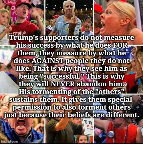 Rude magas | Trump's supporters do not measure
his success by what he does FOR
them, they measure by what he
does AGAINST people they do not
like. That is why they see him as
being "successful." This is why
they will NEVER abandon him.
His tormenting of the "others"
sustains them. It gives them special 
permission to also torment others
just because their beliefs are different. | image tagged in disrespect,bigotry,narcissism,racism,sheeple | made w/ Imgflip meme maker