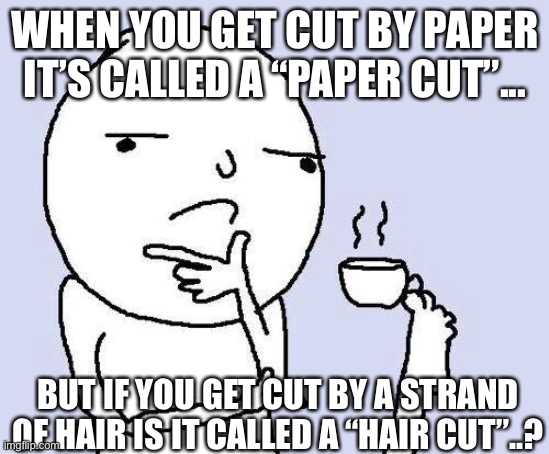 Don’t tell my you’ve never sat on a bed or chair or smth and got ur leg slashed open by a strand of hair | WHEN YOU GET CUT BY PAPER IT’S CALLED A “PAPER CUT”... BUT IF YOU GET CUT BY A STRAND OF HAIR IS IT CALLED A “HAIR CUT”..? | image tagged in thinking meme | made w/ Imgflip meme maker