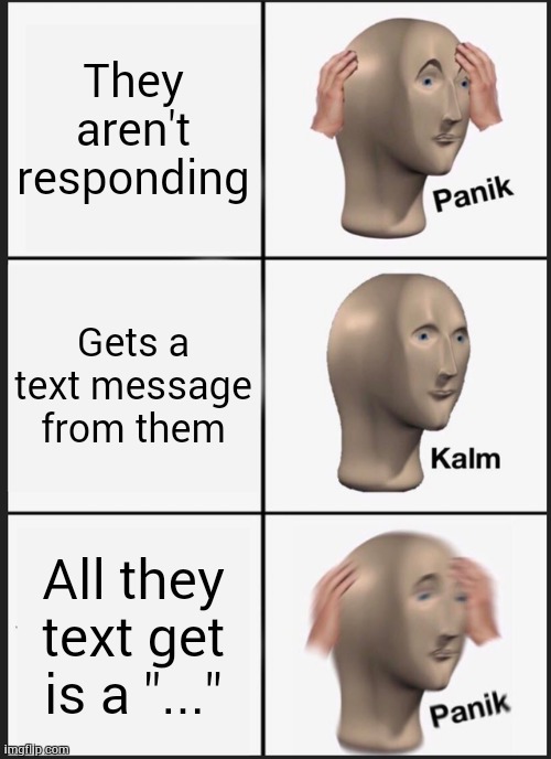 This is just scary | They aren't responding; Gets a text message from them; All they text get is "..." | image tagged in memes,panik kalm panik | made w/ Imgflip meme maker