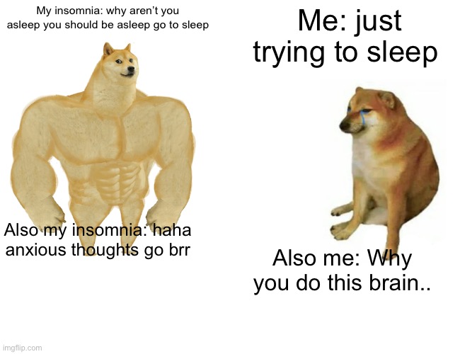 Night 2 of what I call insomnia attacks it’s currently 11:41 pm | My insomnia: why aren’t you asleep you should be asleep go to sleep; Me: just trying to sleep; Also my insomnia: haha anxious thoughts go brr; Also me: Why you do this brain.. | image tagged in memes,buff doge vs cheems,insomnia | made w/ Imgflip meme maker
