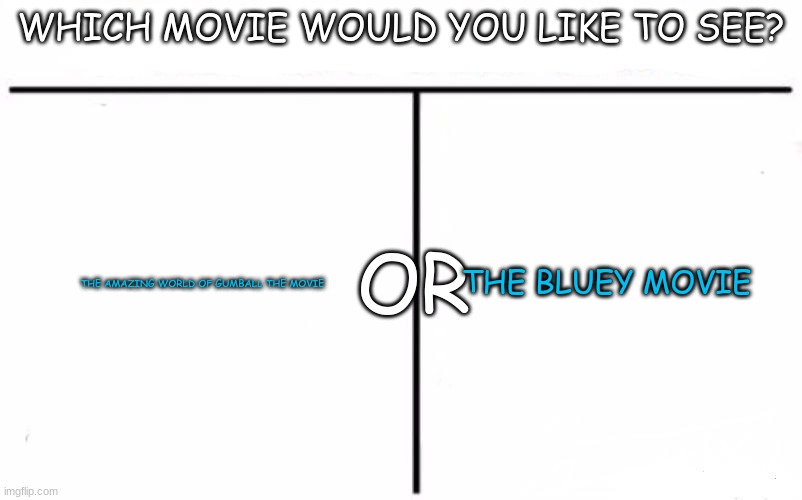 Who Would Win Blank | WHICH MOVIE WOULD YOU LIKE TO SEE? OR; THE AMAZING WORLD OF GUMBALL THE MOVIE; THE BLUEY MOVIE | image tagged in who would win blank,the amazing world of gumball,gumball | made w/ Imgflip meme maker