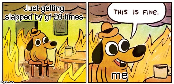 This Is Fine | Just getting slapped by gf 20 times; me | image tagged in memes,this is fine | made w/ Imgflip meme maker