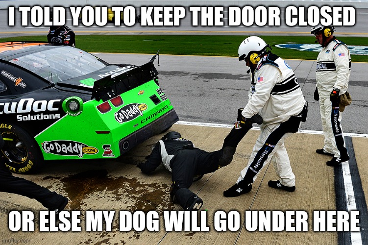 NASCAR | I TOLD YOU TO KEEP THE DOOR CLOSED; OR ELSE MY DOG WILL GO UNDER HERE | image tagged in nascar | made w/ Imgflip meme maker