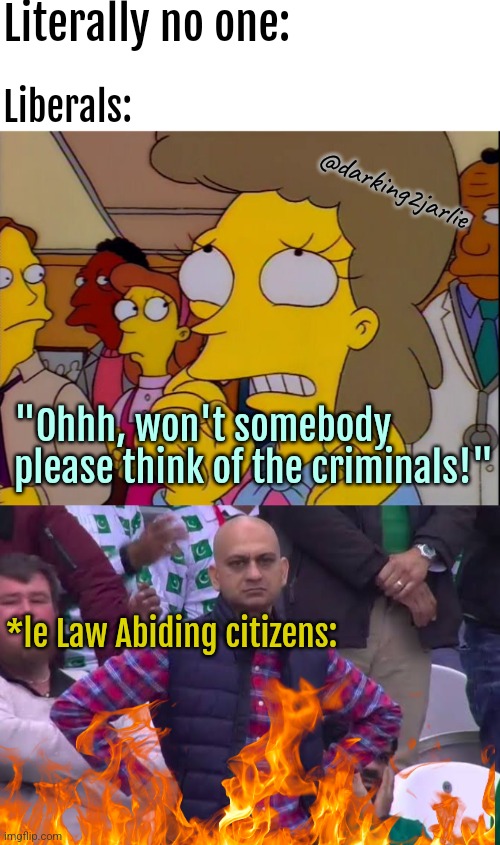 CLM | Literally no one:; Liberals:; @darking2jarlie; "Ohhh, won't somebody please think of the criminals!"; *le Law Abiding citizens: | image tagged in liberals,liberal logic,marxism,america,europe,criminals | made w/ Imgflip meme maker