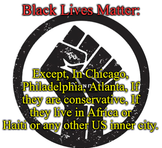 What Lives Matter | Black Lives Matter:; Except, In Chicago, Philadelphia, Atlanta, If they are conservative, If they live in Africa or Haiti or any other US inner city. | image tagged in blm fist | made w/ Imgflip meme maker