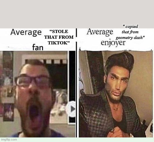 can't even be mad at them anymore | " copied that from geometry dash"; "STOLE THAT FROM TIKTOK" | image tagged in average blank fan vs average blank enjoyer | made w/ Imgflip meme maker