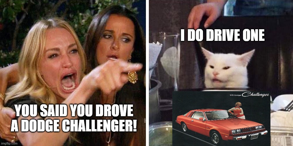 Smudge the cat | I DO DRIVE ONE; YOU SAID YOU DROVE A DODGE CHALLENGER! | image tagged in smudge the cat | made w/ Imgflip meme maker