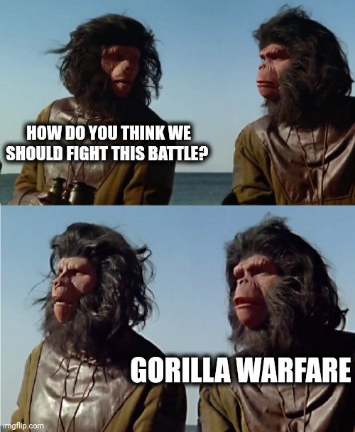'(Insert)'...Oh $h*t, there goes the planet. | HOW DO YOU THINK WE SHOULD FIGHT THIS BATTLE? GORILLA WARFARE | image tagged in ' insert ' oh h t there goes the planet | made w/ Imgflip meme maker