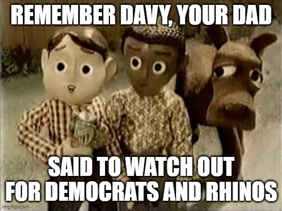 D's and Rhino | REMEMBER DAVY, YOUR DAD; SAID TO WATCH OUT FOR DEMOCRATS AND RHINOS | image tagged in trust,trust issues,politics,sell out | made w/ Imgflip meme maker