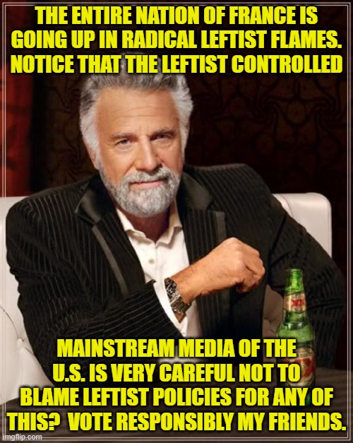 Notice how careful the U.S. Mainstream Media is being on this subject? | THE ENTIRE NATION OF FRANCE IS GOING UP IN RADICAL LEFTIST FLAMES.  NOTICE THAT THE LEFTIST CONTROLLED; MAINSTREAM MEDIA OF THE U.S. IS VERY CAREFUL NOT TO BLAME LEFTIST POLICIES FOR ANY OF THIS?  VOTE RESPONSIBLY MY FRIENDS. | image tagged in the most interesting man in the world | made w/ Imgflip meme maker
