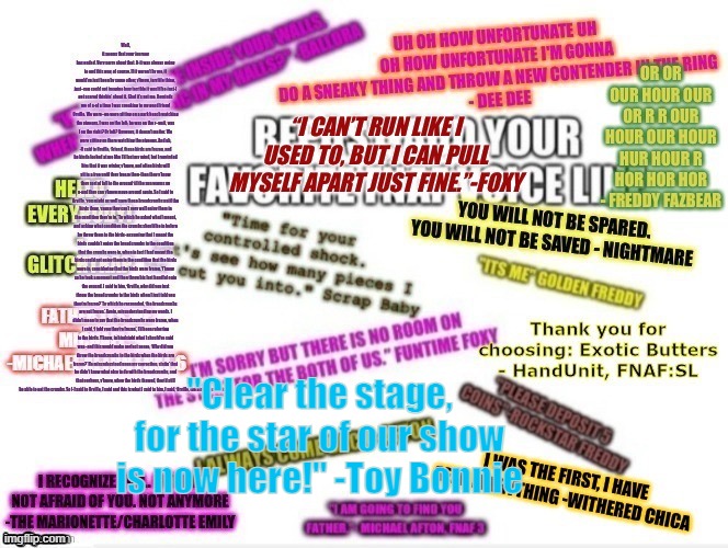 Repost and add your favorite voice line. | "Clear the stage, for the star of our show is now here!" -Toy Bonnie | image tagged in fnaf,toy bonnie,hi | made w/ Imgflip meme maker