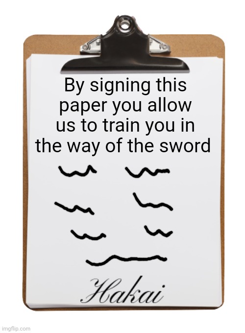 Hakai somehow kept her gorgeous handwriting | By signing this paper you allow us to train you in the way of the sword | image tagged in clipboard with paper | made w/ Imgflip meme maker