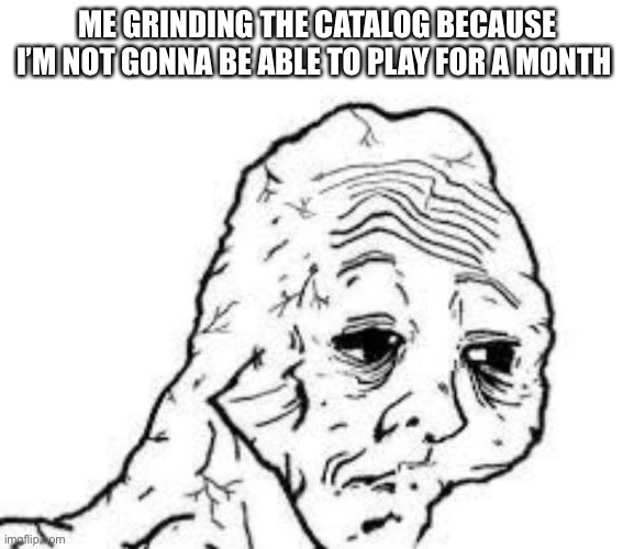 tired wojak | ME GRINDING THE CATALOG BECAUSE I’M NOT GONNA BE ABLE TO PLAY FOR A MONTH | image tagged in tired wojak | made w/ Imgflip meme maker