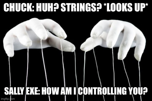 Sally Exe the puppet master | CHUCK: HUH? STRINGS? *LOOKS UP*; SALLY EXE: HOW AM I CONTROLLING YOU? | image tagged in puppet master | made w/ Imgflip meme maker