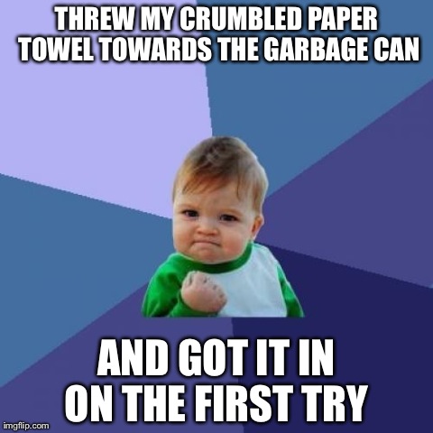 Success Kid Meme | THREW MY CRUMBLED PAPER TOWEL TOWARDS THE GARBAGE CAN AND GOT IT IN ON THE FIRST TRY | image tagged in memes,success kid | made w/ Imgflip meme maker