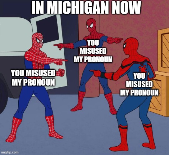 Spider Man Triple | IN MICHIGAN NOW; YOU MISUSED MY PRONOUN; YOU MISUSED MY PRONOUN; YOU MISUSED MY PRONOUN | image tagged in spider man triple | made w/ Imgflip meme maker