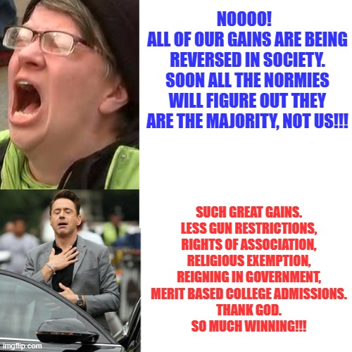 Liberal outrage - liberal relief | NOOOO!  
ALL OF OUR GAINS ARE BEING REVERSED IN SOCIETY. SOON ALL THE NORMIES WILL FIGURE OUT THEY ARE THE MAJORITY, NOT US!!! SUCH GREAT GAINS.
LESS GUN RESTRICTIONS,
RIGHTS OF ASSOCIATION,
RELIGIOUS EXEMPTION,
REIGNING IN GOVERNMENT,
MERIT BASED COLLEGE ADMISSIONS.
THANK GOD.
SO MUCH WINNING!!! | image tagged in liberal outrage - liberal relief | made w/ Imgflip meme maker