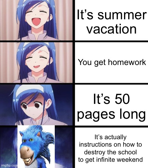 Like that’s ever gonna happen | It’s summer vacation; You get homework; It’s 50 pages long; It’s actually instructions on how to destroy the school to get infinite weekend | image tagged in distressed fumino | made w/ Imgflip meme maker