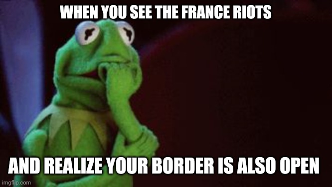 It's ok to be nervous | WHEN YOU SEE THE FRANCE RIOTS; AND REALIZE YOUR BORDER IS ALSO OPEN | image tagged in nervous kermit,france,riots,illegal immigration,uh oh | made w/ Imgflip meme maker