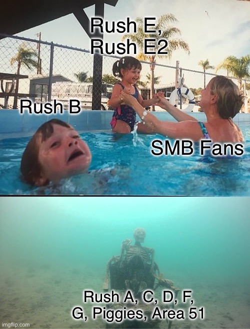 rush e gets too much love | Rush E, 
Rush E2; Rush B; SMB Fans; Rush A, C, D, F, G, Piggies, Area 51 | image tagged in drowning kid skeleton | made w/ Imgflip meme maker